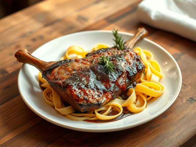 Tagliatelle en konijnenbout met leffe en rozemarijn