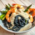 Tagliatelle met asperges, gamba’s en jojosaus