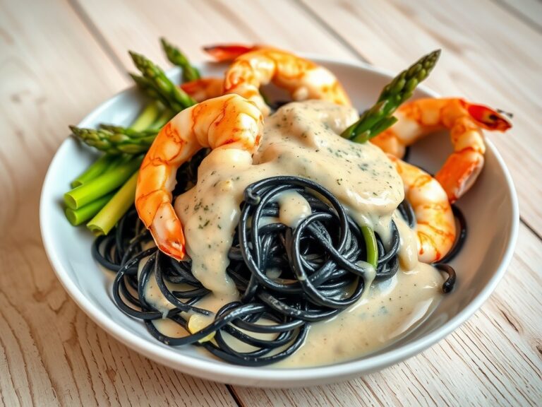 Tagliatelle met asperges, gamba’s en jojosaus