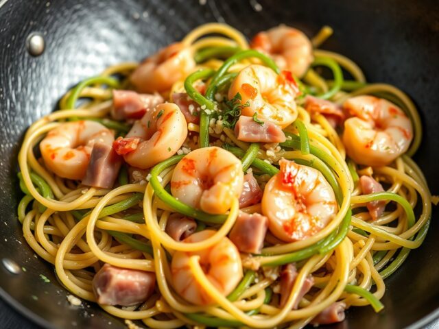 Tagliatelle met asperges garnalen en ham