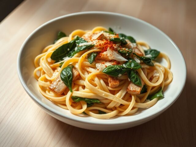 Tagliatelle met bladspinazie en gerookte kip