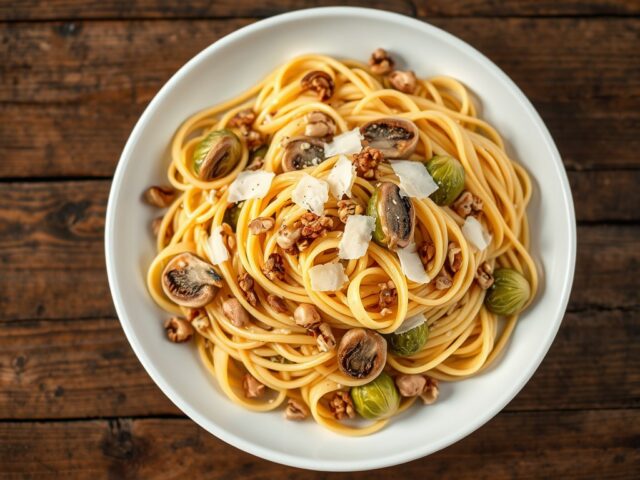 Tagliatelle met cantharellen, spruitjes en nootjes