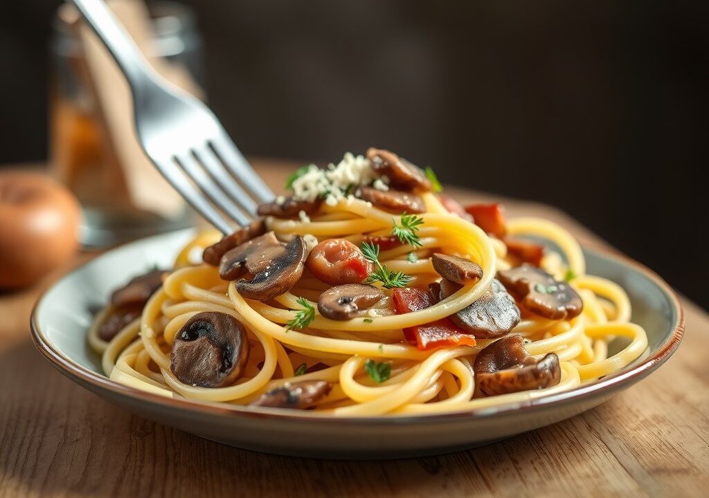 Tagliatelle met champignons en ham, AI-gegenereerde illustratie