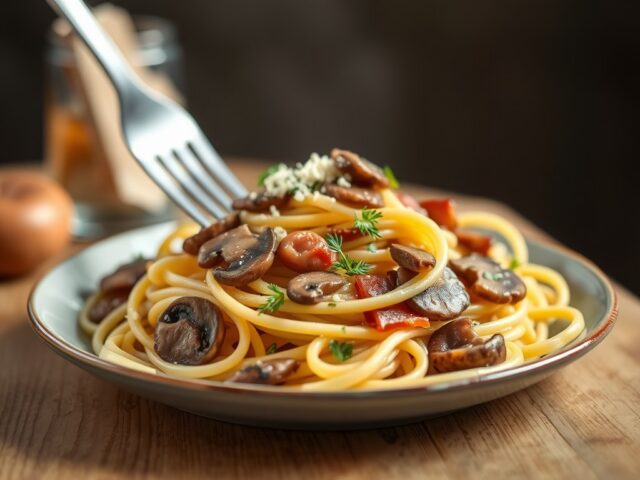 Tagliatelle met champignons en ham — AI-gegenereerde illustratie