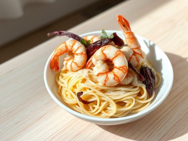 Tagliatelle met gamba’s en radicchio in een roomsaus