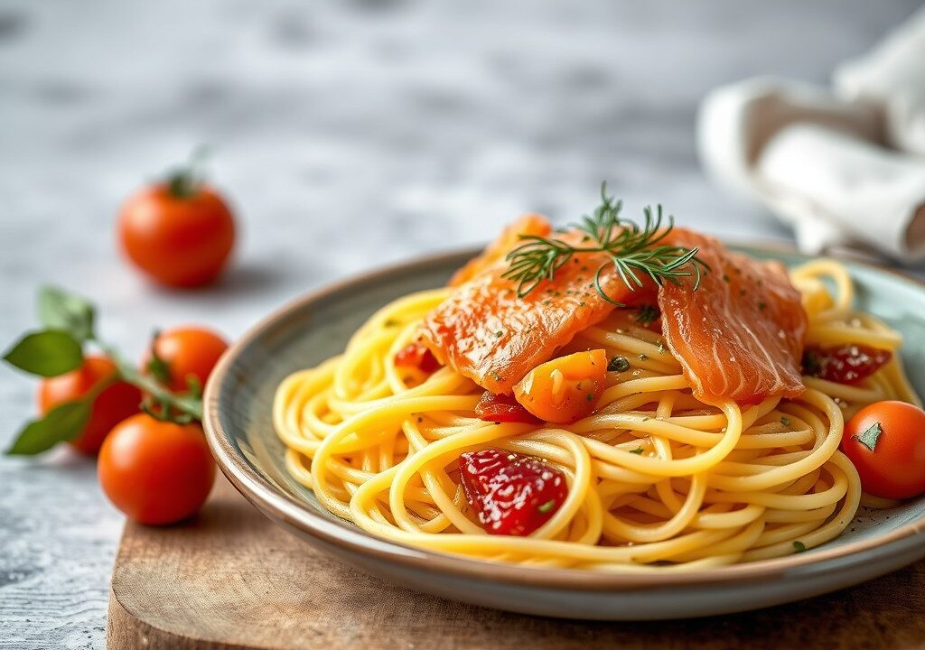 Tagliatelle met gerookte zalm, AI-gegenereerde illustratie