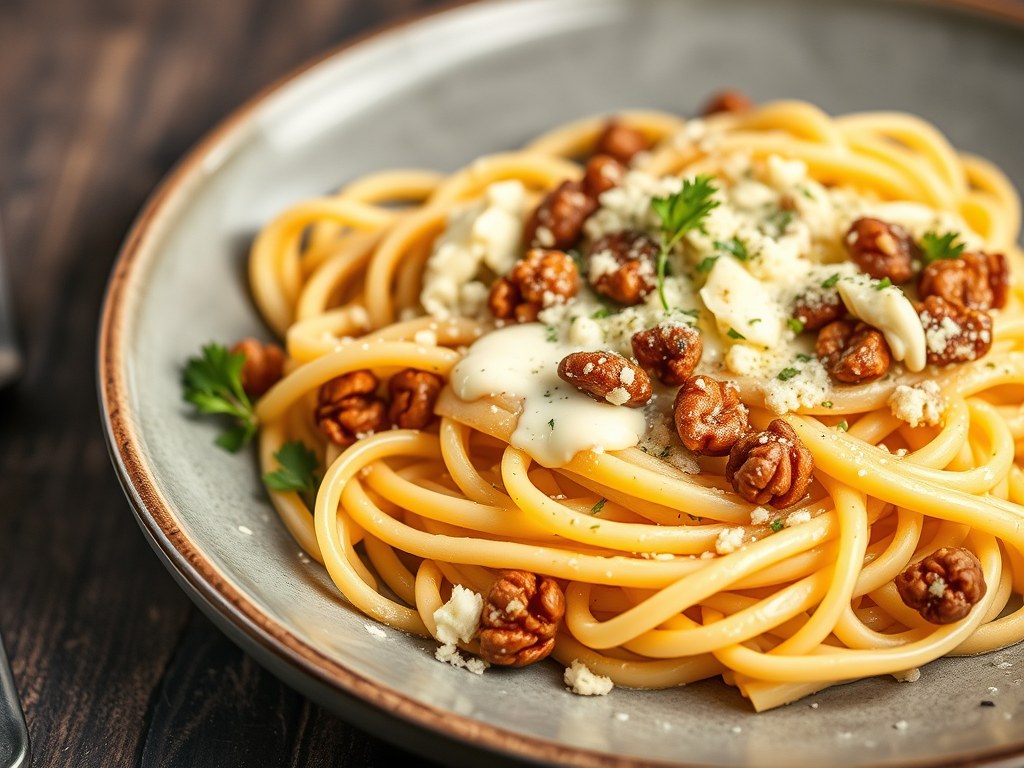 Tagliatelle met noten-kaassaus, AI-gegenereerde illustratie