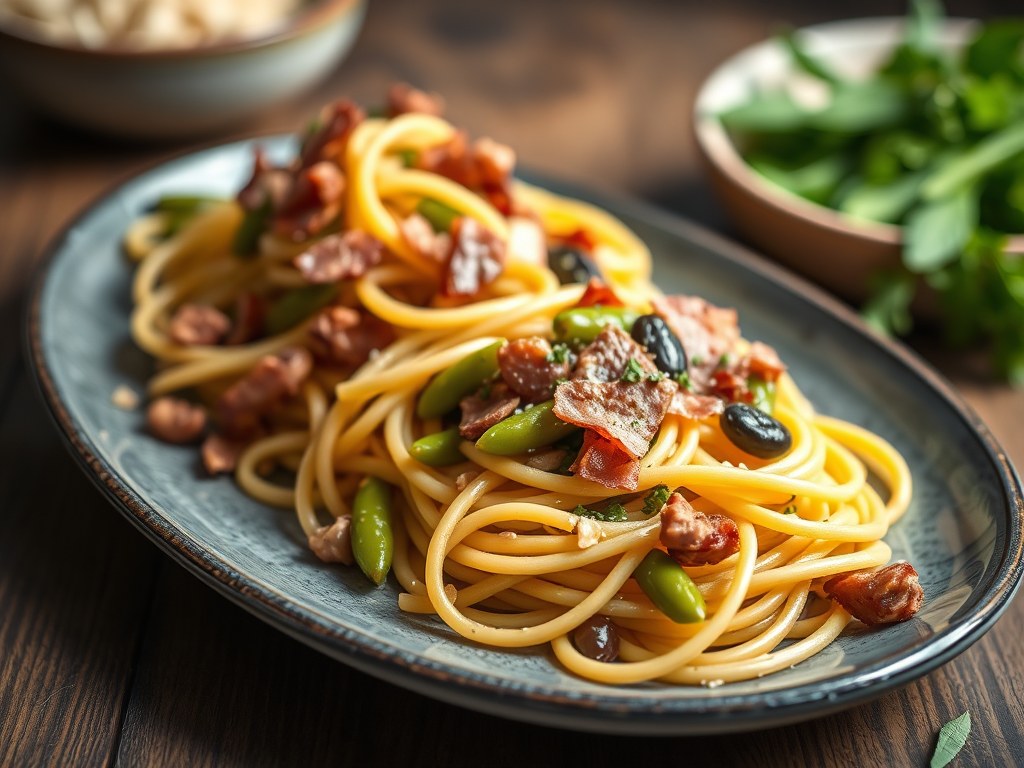 Tagliatelle met pancetta en bonen, AI-gegenereerde illustratie