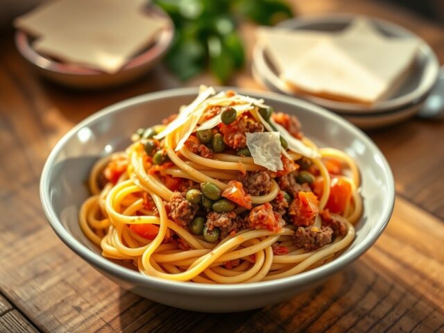 Tagliatelle met pikant rundvlees, sluimerwtjes, kappertjes en Parmezaanse kaas