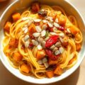 Tagliatelle met pompoen, paprika en rode ui