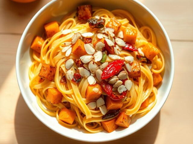 Tagliatelle met pompoen, paprika en rode ui