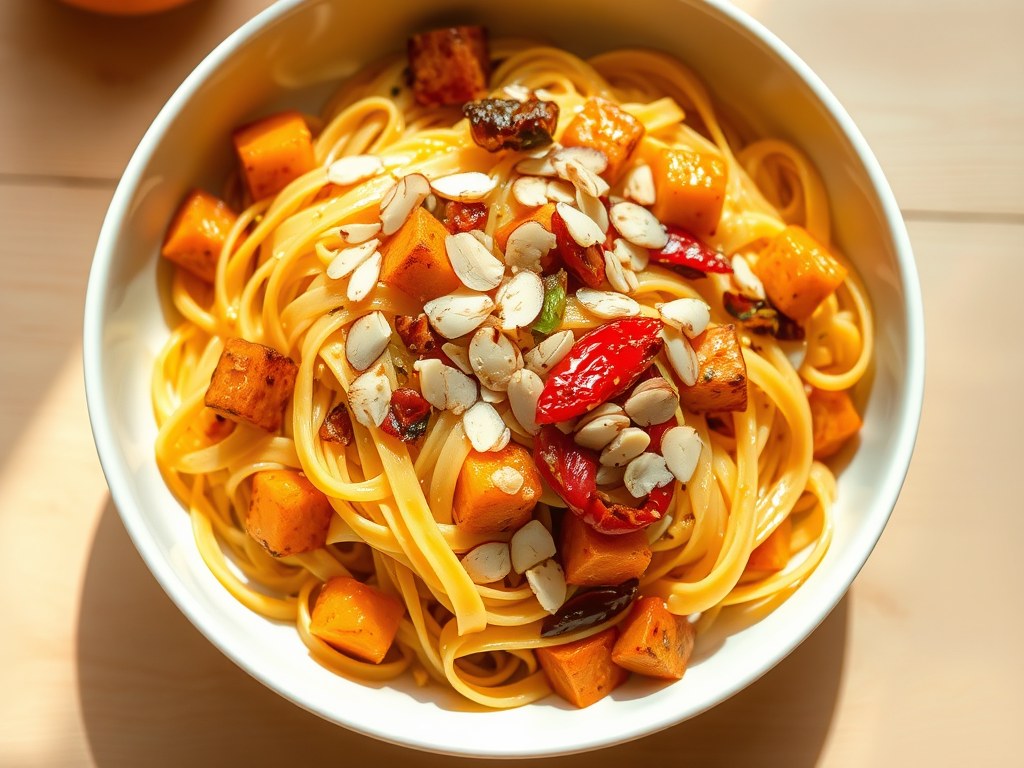Tagliatelle met pompoen, paprika en rode ui, AI-gegenereerde illustratie