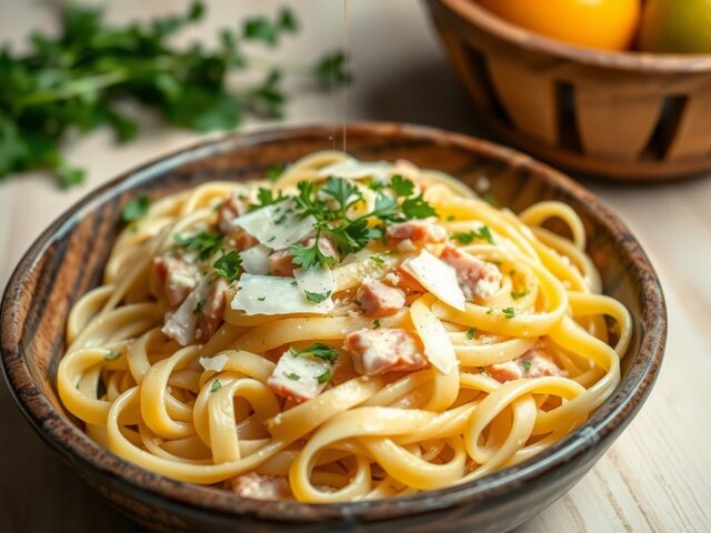 Tagliatelle met prei en ham