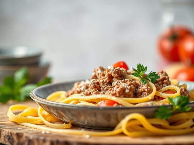 Tagliatelle met romig gehakt — AI-gegenereerde illustratie