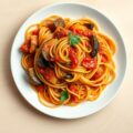 Tagliatelle met tomaat en aubergine