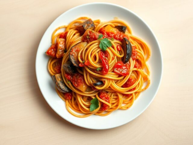 Tagliatelle met tomaat en aubergine