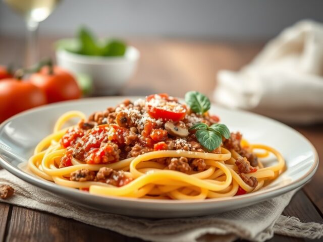 Tagliatelle met tomato frito saus — AI-gegenereerde illustratie