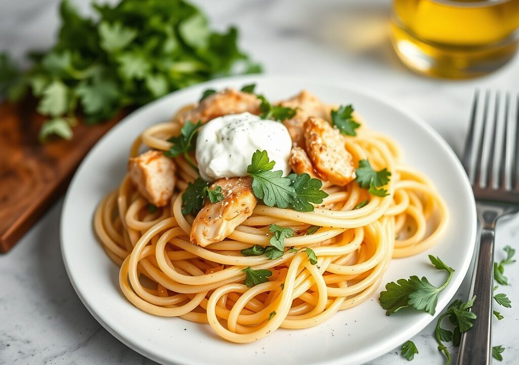 Tagliatelle met tuinkruiden, gerookte kip en rucola, AI-gegenereerde illustratie