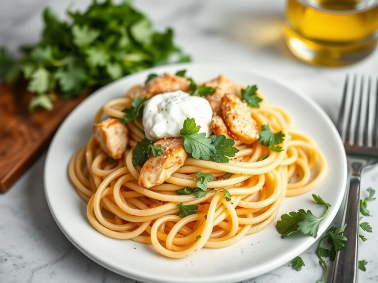 Tagliatelle met tuinkruiden, gerookte kip en rucola