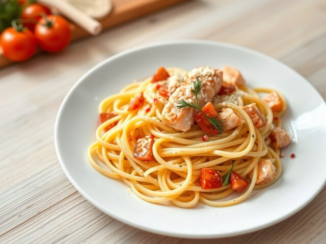 Tagliatelle met zalm en roze peperbessen