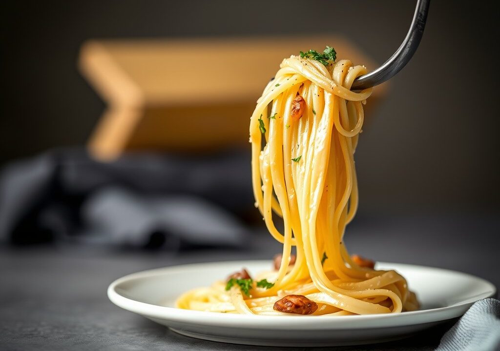 Tagliatelle met zeeduivel en prei, AI-gegenereerde illustratie