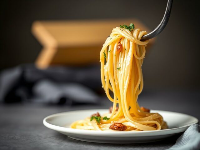 Tagliatelle met zeeduivel en prei — AI-gegenereerde illustratie
