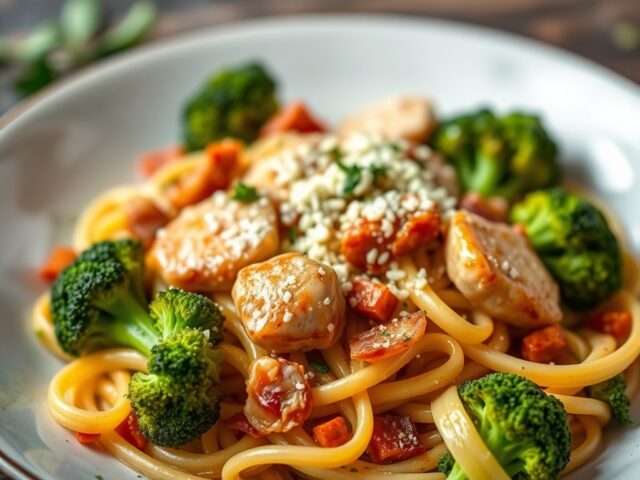Tagliatelli met broccoli, kipfilet, spekjes en peper-champignonsaus