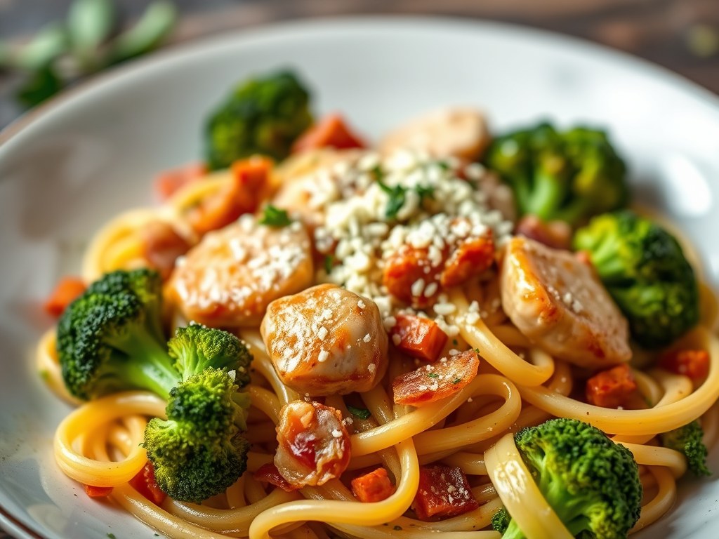 Tagliatelli met broccoli, kipfilet, spekjes en peper-champignonsaus, AI-gegenereerde illustratie