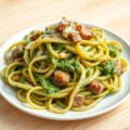 Tagliatelli met spinaziesaus en kippenlever