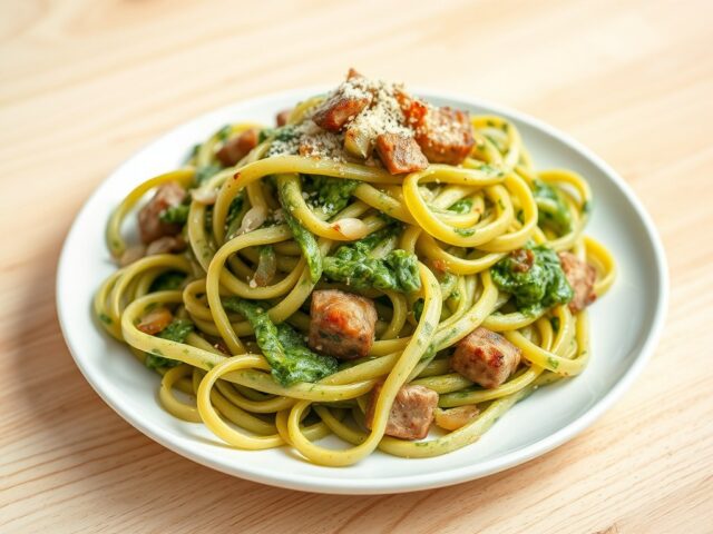 Tagliatelli met spinaziesaus en kippenlever