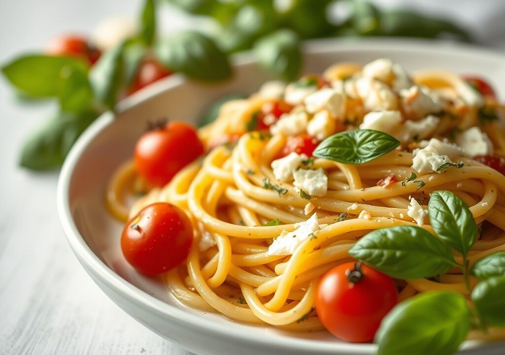 Taglione met kleine tomaatjes basilicum en parmezaanse kaas, AI-gegenereerde illustratie