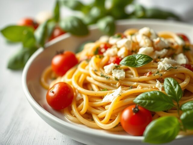 Taglione met kleine tomaatjes basilicum en parmezaanse kaas