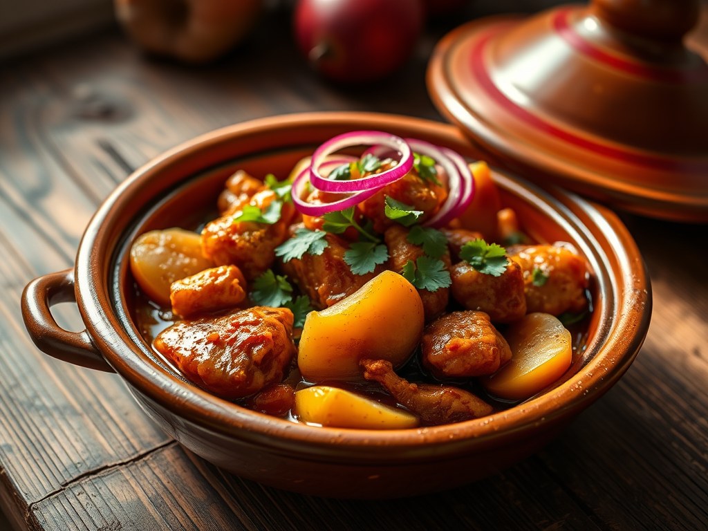 Tajine met kip met kweeperen, AI-gegenereerde illustratie
