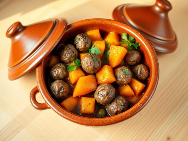 Tajine met lamsgehaktballetjes en zoete aardappel