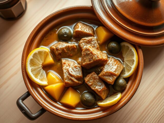 Tajine van kalfsvlees met aardappelen, olijven en citroen