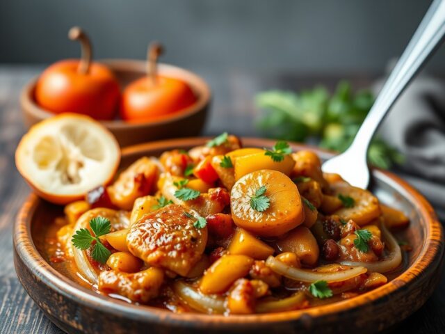 Tajine van kip, appels en pruimen — AI-gegenereerde illustratie