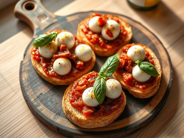 tapas tostada met mozzarella en basilicum