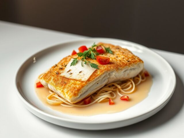 Tarbot in spaghetti van aardappel met een lichte korst
