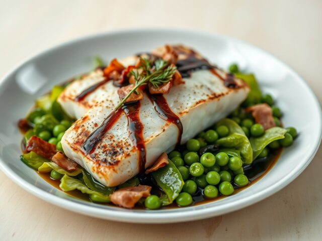 Tarbot met gesmolten sla, erwten en pancetta