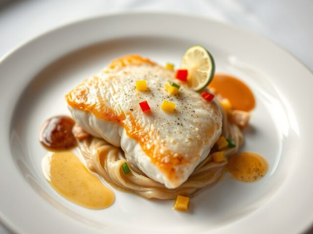 Tarbotfilet op bedje van witlof met twee sauzen