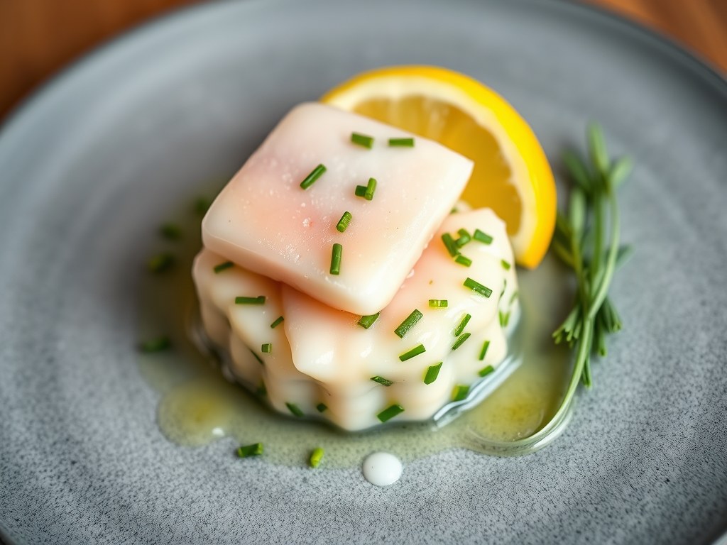 Tartaar van gemarineerde kabeljauw, bavarois van k, AI-gegenereerde illustratie