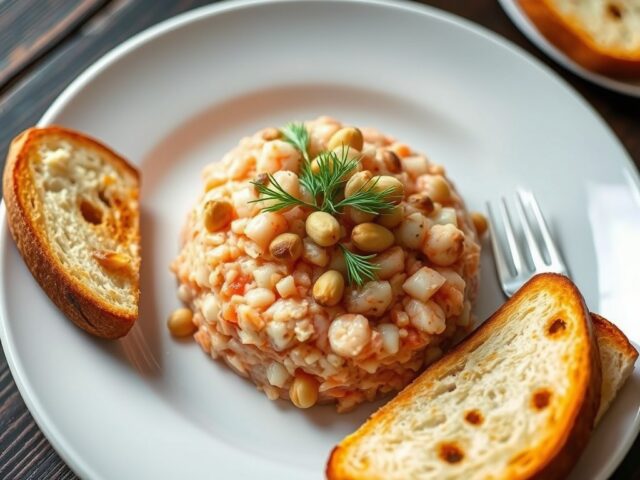 Tartaar van zeewolf, gerookte Atlantische zalm, garnalen en pijnboompitten