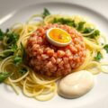 Tartaartje van wilde zalm met spaghetti van sliert