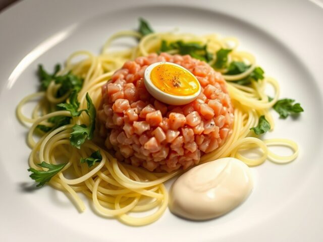 Tartaartje van wilde zalm met spaghetti van sliert
