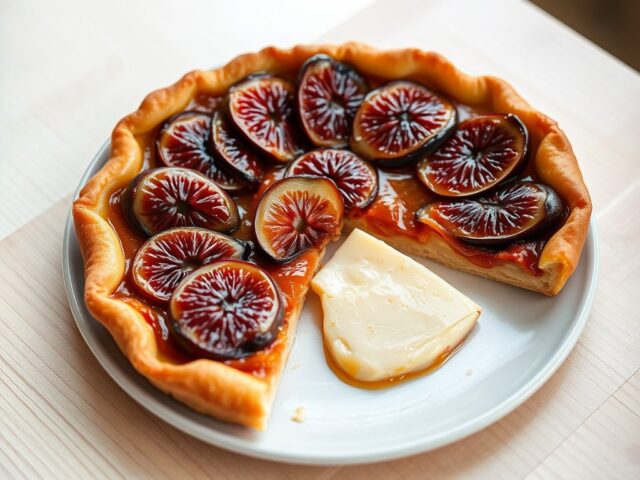 Tarte tatin van in port gemarineerde vijgen en Port Salut
