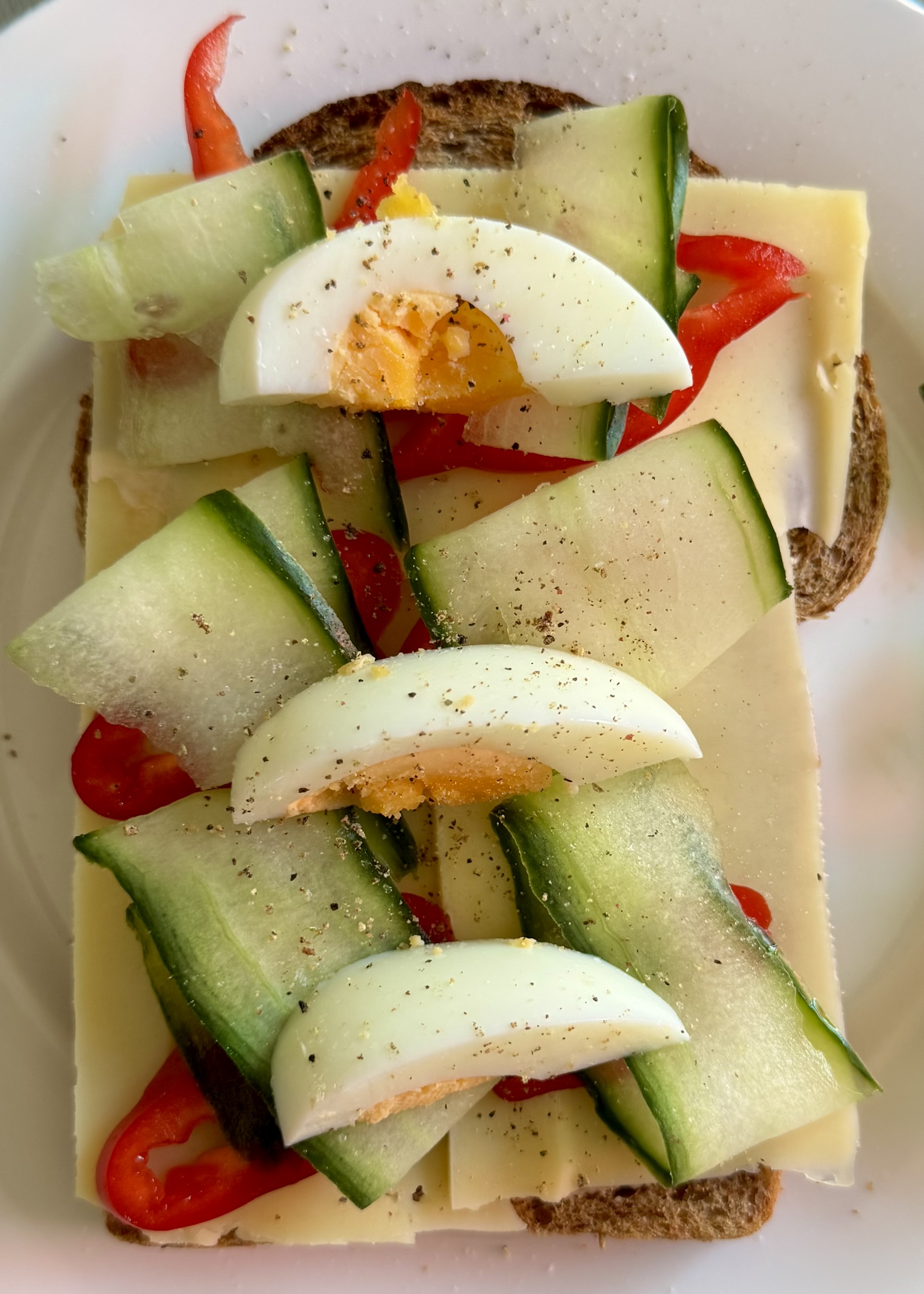 Frisse volkoren boterham met kaas, komkommer, paprika en ei