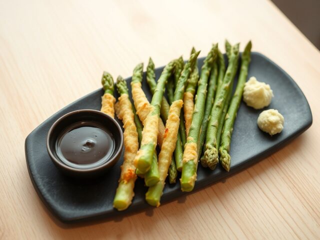 Tempura van groene asperges met Japanse dressing