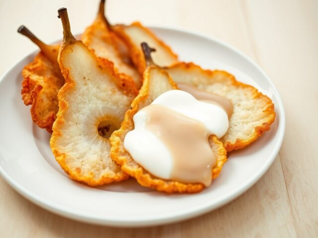 Tempura van peren met kaneel-pistachenotensaus