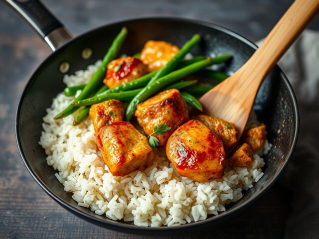 Teriaki Kip Wok met Basmati rijst sperziebonen — AI-gegenereerde illustratie