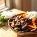 Teriyaki rundvleesreepjes met knapperige wortel en